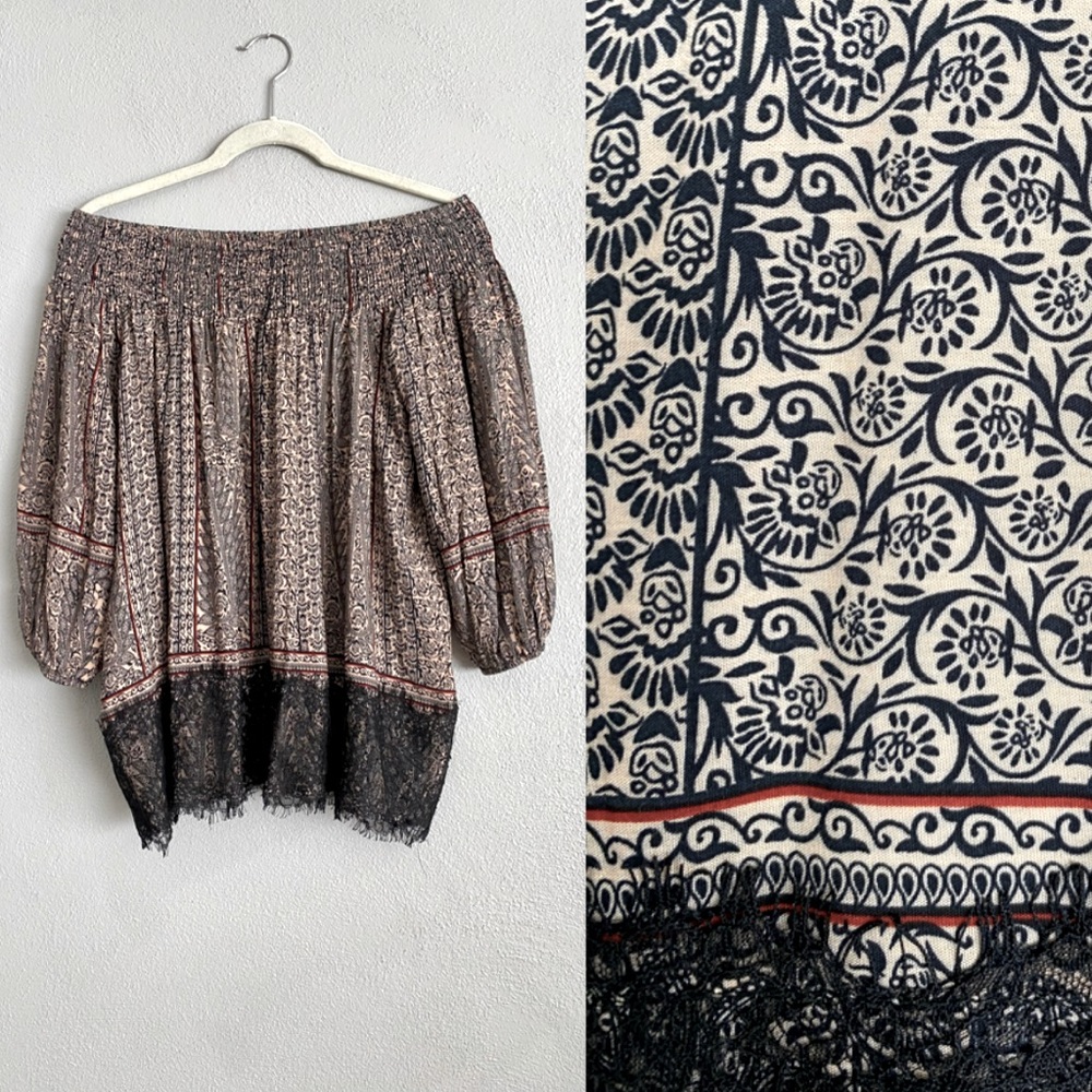 Anthropologie Top Size Small Boho Off Shoulder Paisley Lace Long Sleeve